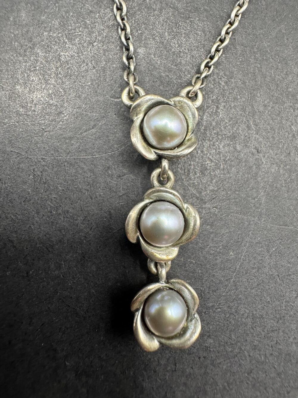 PANDORA Signed Gray Pearl Three Wishes Flower Pendant Sterling Silver Necklace